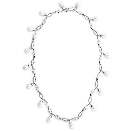 7X420 - Rhodium 925 Sterling Silver Necklace with Synthetic Pearl in White