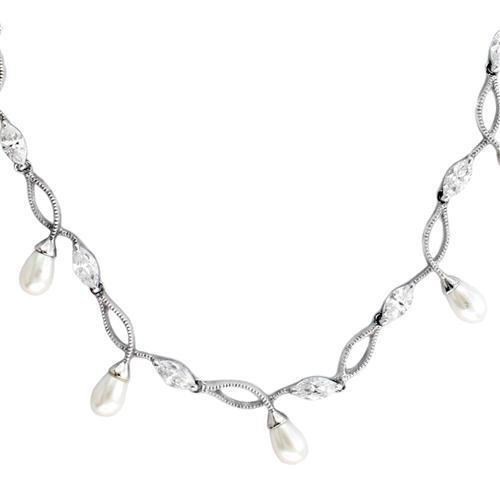 7X420 - Rhodium 925 Sterling Silver Necklace with Synthetic Pearl in White