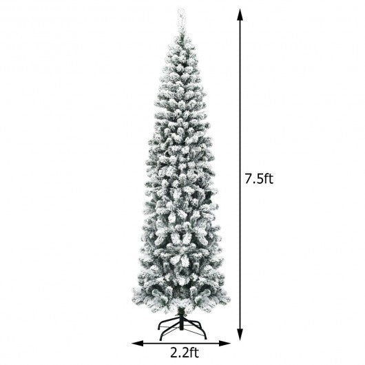 7.5 Feet Unlit Hinged Snow Flocked Artificial Pencil Christmas Tree with 641 Tips