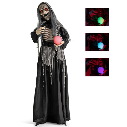 6ft Halloween Animatronics Standing Witch with Light Up Eyes and Magical Ball - Color: Black - Size: 6 ft