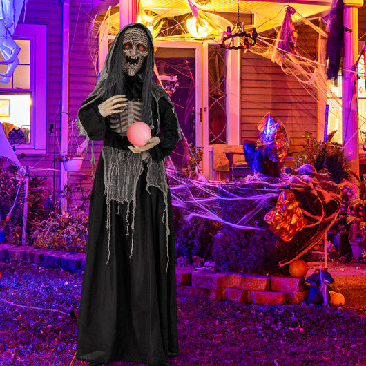 6ft Halloween Animatronics Standing Witch with Light Up Eyes and Magical Ball - Color: Black - Size: 6 ft