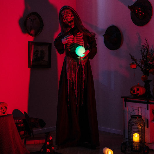 6ft Halloween Animatronics Standing Witch with Light Up Eyes and Magical Ball - Color: Black - Size: 6 ft