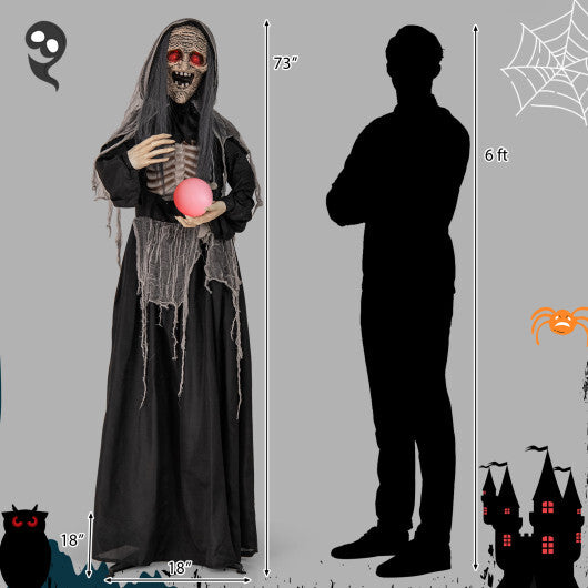 6ft Halloween Animatronics Standing Witch with Light Up Eyes and Magical Ball - Color: Black - Size: 6 ft