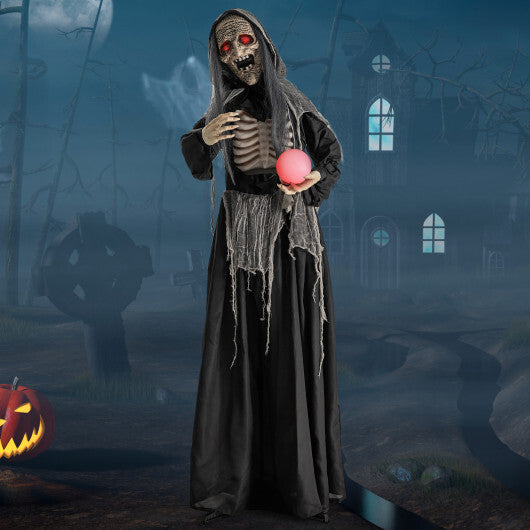 6ft Halloween Animatronics Standing Witch with Light Up Eyes and Magical Ball - Color: Black - Size: 6 ft