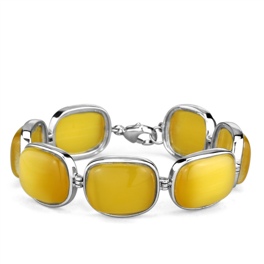 LOS763 - Rhodium 925 Sterling Silver Bracelet with Synthetic Cat Eye in Topaz