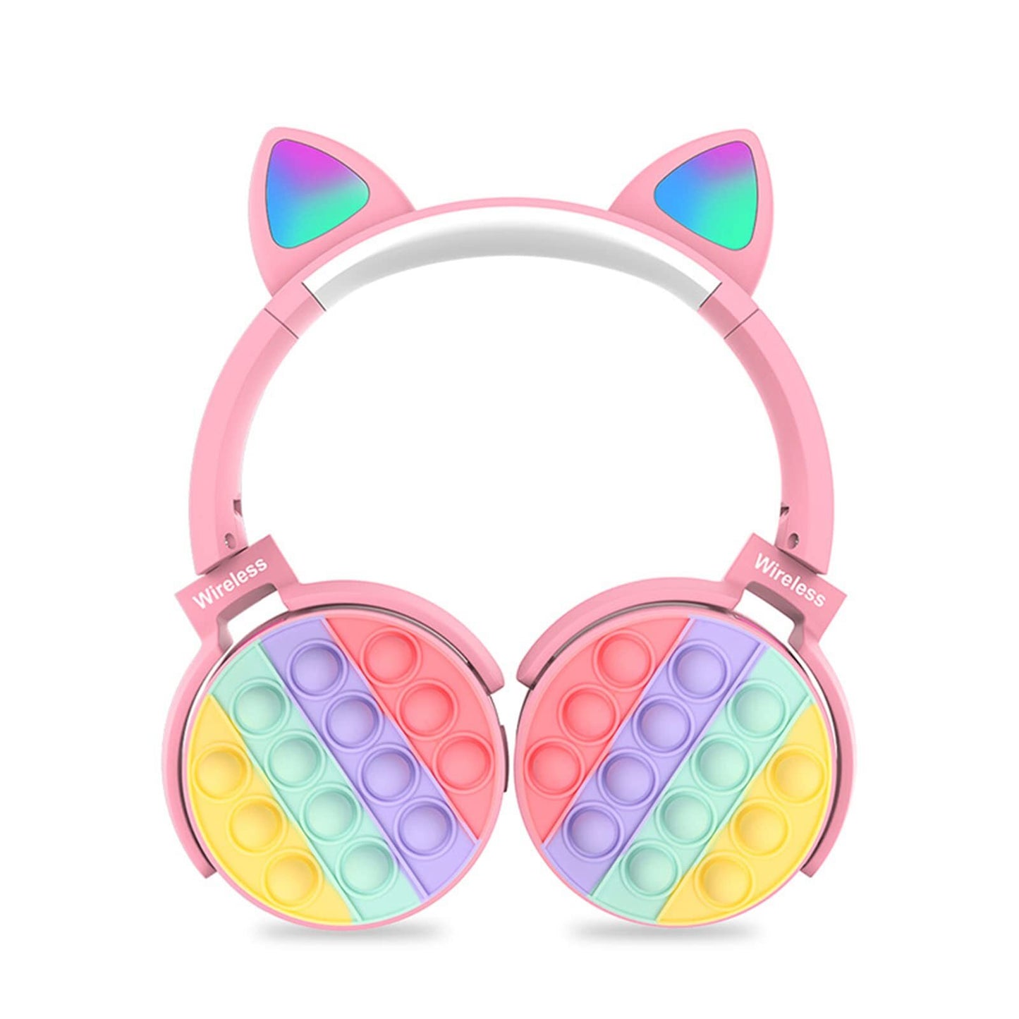 Fidget Headphones Kids Toy Headset, Wireless Bluetooth Headphone Pop Bubble On-Ear Headphone Fidget Toy Rainbow Color Fidget Headset for Children Adults (Pink-Cat)